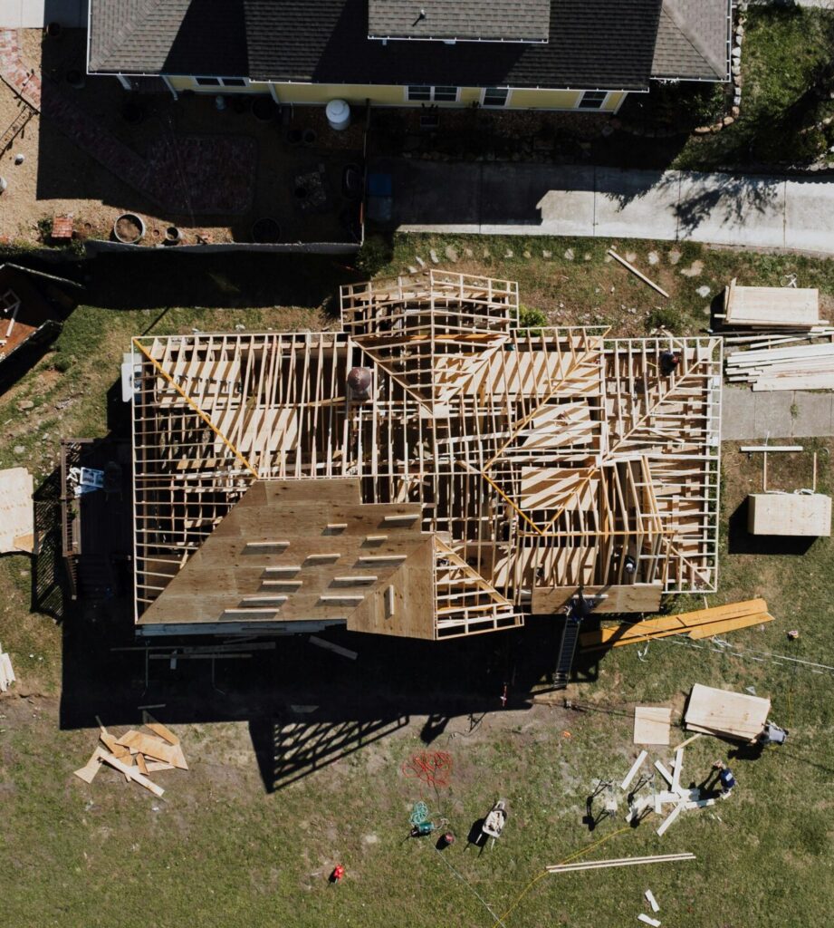 Aerial view of a house under construction in Chattanooga, showcasing the building process.